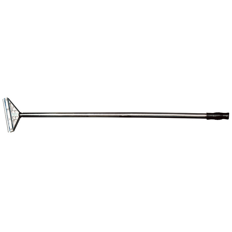 Long-handled scraper with a triangular metal blade head at the end, used for scraping surfaces like floors or walls.