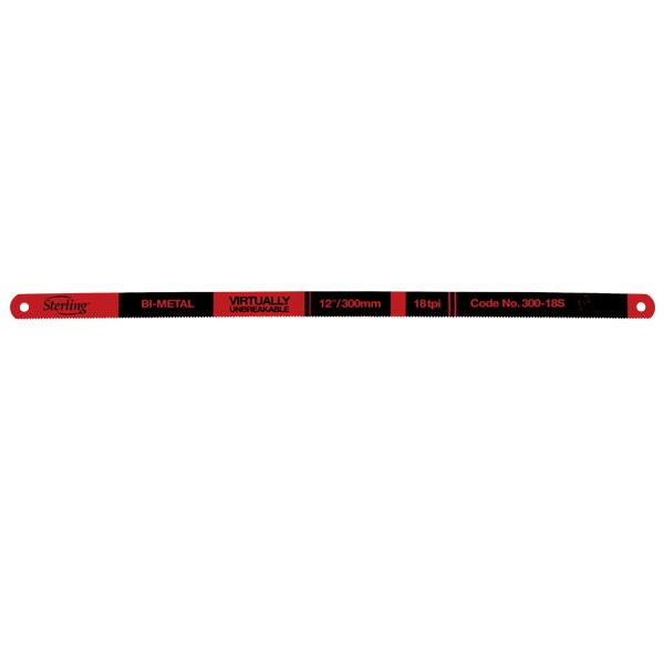 Red-and-black Sterling bi-metal hacksaw blade labeled 12"/300mm, 18 TPI, with end holes for mounting.