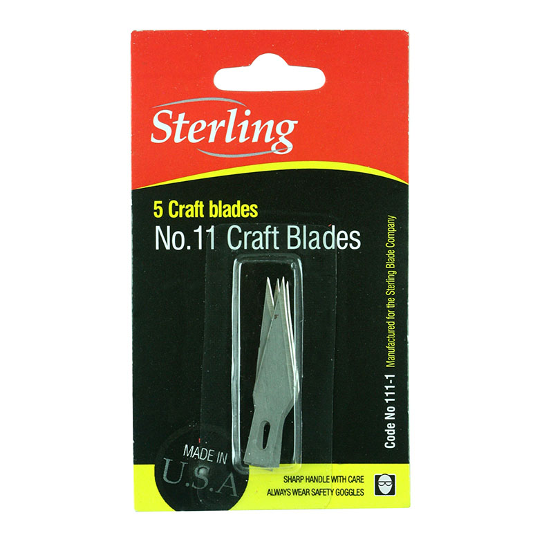 Pack of 5 Sterling No.11 craft blades in plastic display, showing a metal blade inside a clear case on a red-and-black packaging.