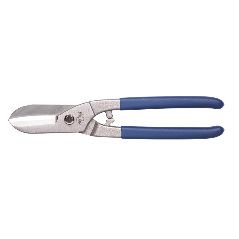 Aviation snips with blue plastic handles for cutting metal, shown in a side view.