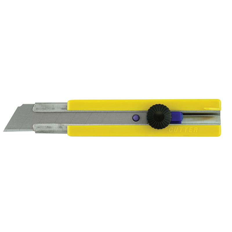 Yellow box cutter with a metal blade extended to the left and a black adjustment knob on top for blade depth control.
