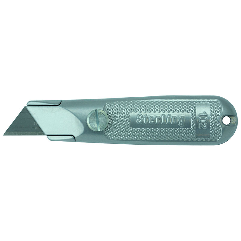 Metal utility knife/box cutter with extended blade and textured grip, brand name Sterling visible on handle