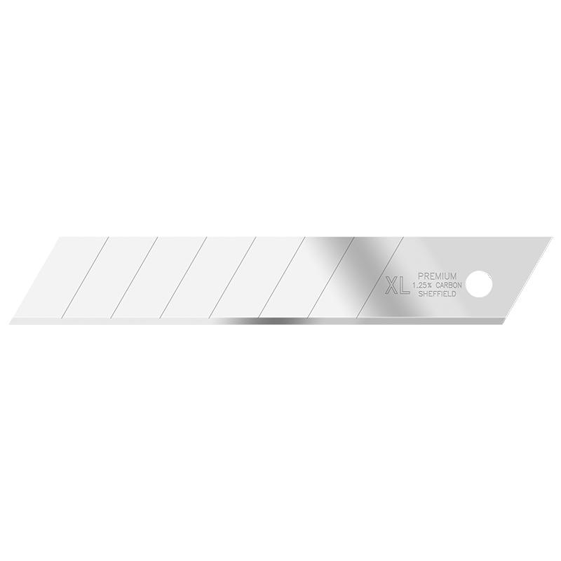 Close-up of a silver razor blade with diagonal etched lines and the text XL Premium Carbon Sheffield near the rounded end