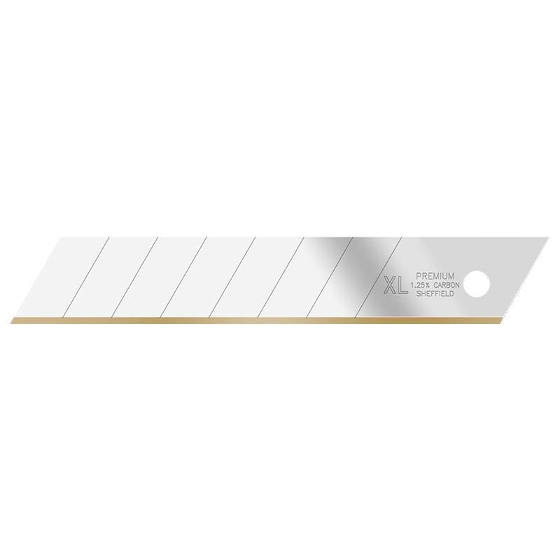 Slim silver razor blade with diagonal grooves and a gold edge, labeled XL Premium 1.25% Carbon Sheffield.