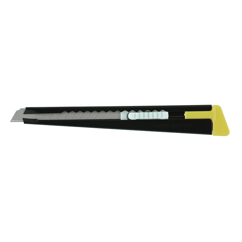 Retractable utility knife with black body and yellow end cap, blade extended.