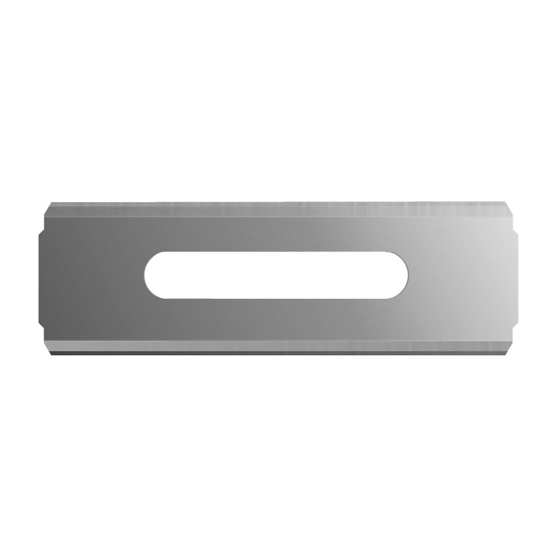 Rectangular metal razor blade with a rounded central cutout, shown from a side angle against a white background.