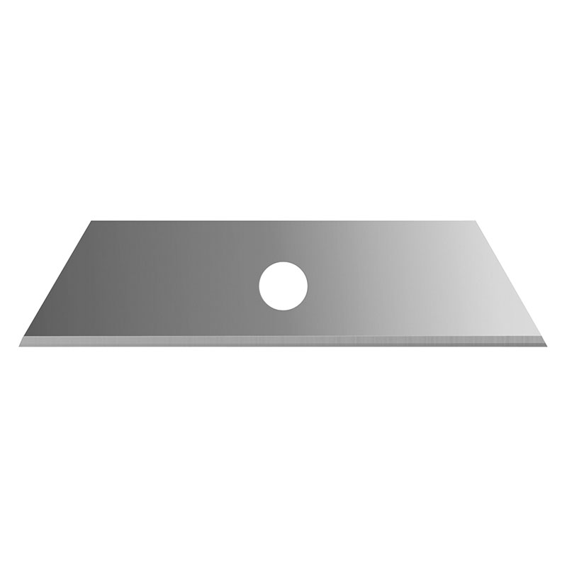 Metal straight razor blade laid flat with a circular hole in the center.