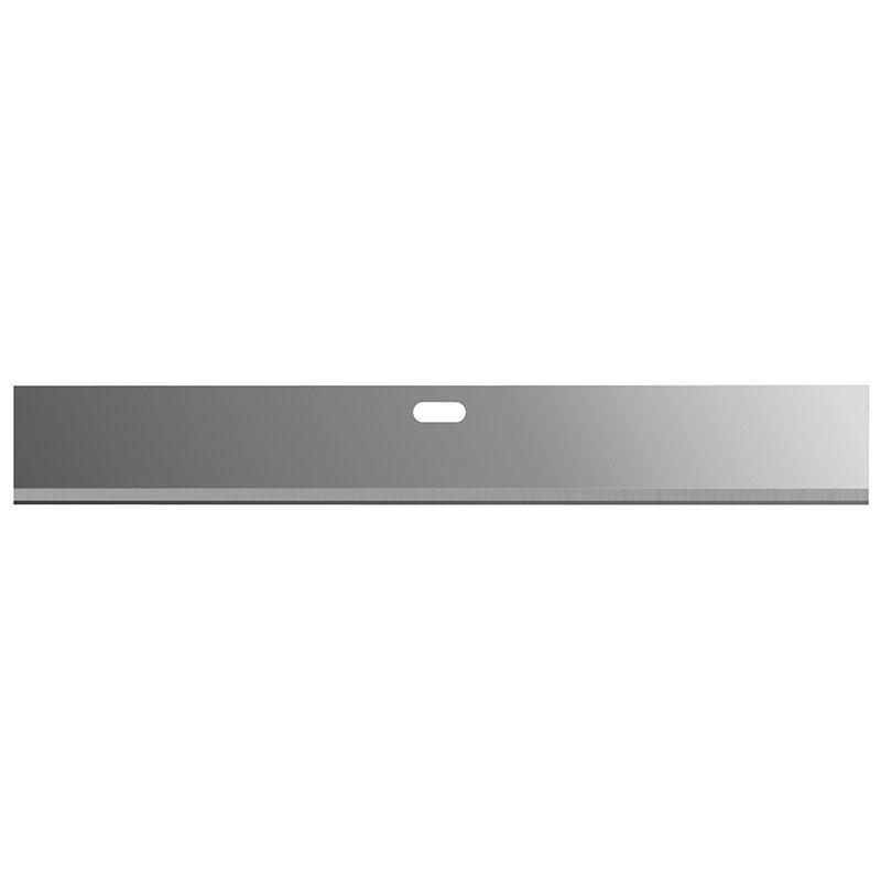 Long metal ruler with measurement marks along the bottom edge and a centered oval cutout, lying horizontally.
