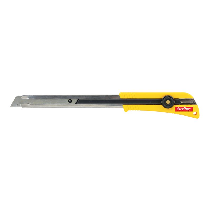 Yellow retractable utility knife (box cutter) with black slider on a white background, Sterling brand visible on the handle.