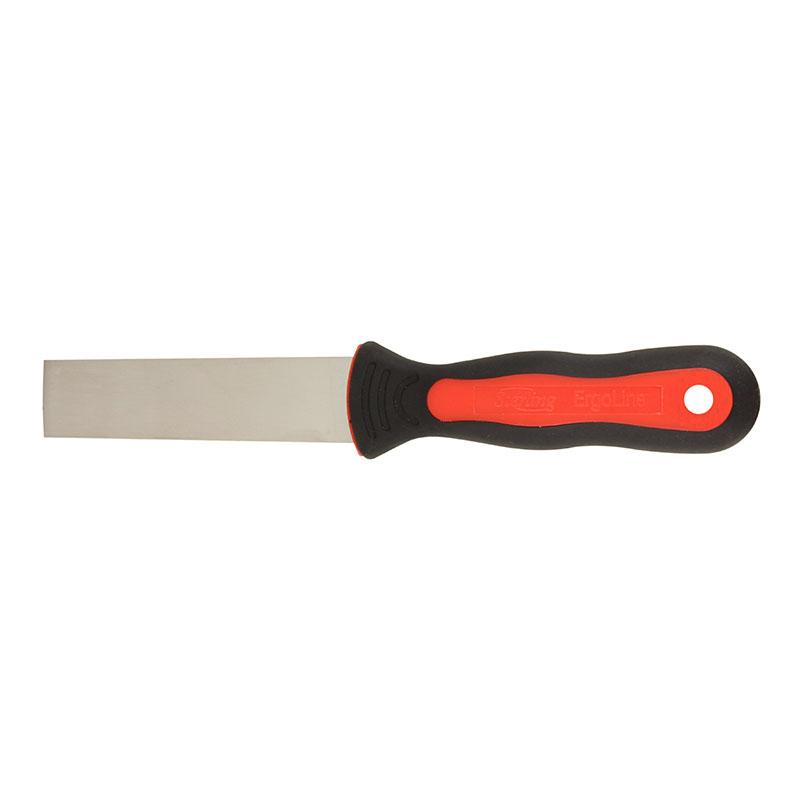 Flat rasp file with a red-and-black ergonomic handle on a white background, used for smoothing wood surfaces.