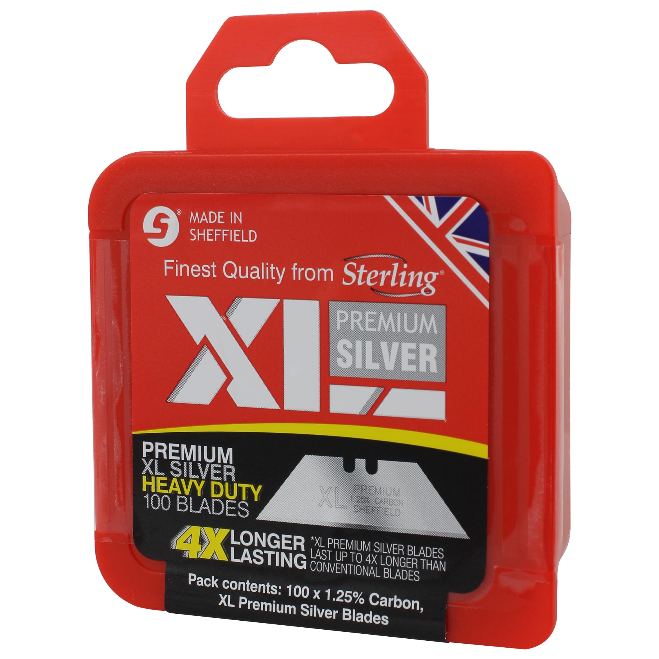 Red plastic packaging for blades with a built-in hanging tab; shows UK flag and text about premium silver blades and quality from Sheffield, conveying a product label.