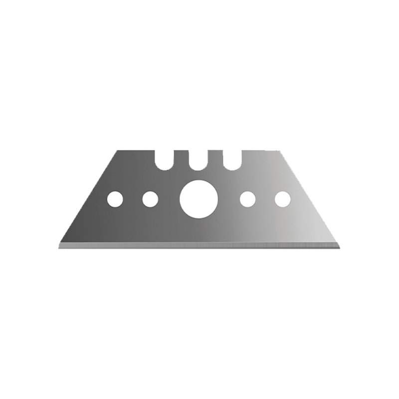 Metal razor blade viewed at an angle, showing a large central hole and several smaller holes along the blade edge.