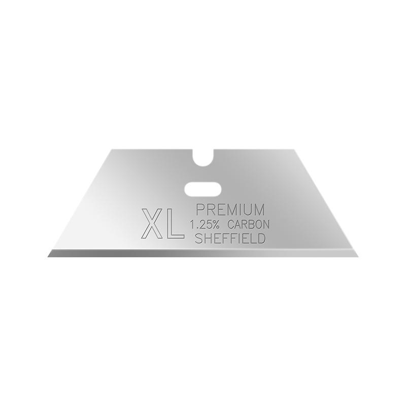 Silver shaving razor blade with 'XL Premium' and '1.25% carbon Sheffield' engraving on a flat blade surface