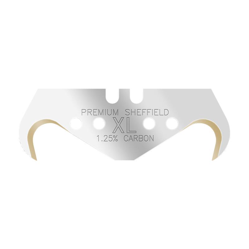 Close-up of a silver razor blade with 'Premium Sheffield XL 1.25% Carbon' engraved, featuring circular holes and curved gold-toned tips.