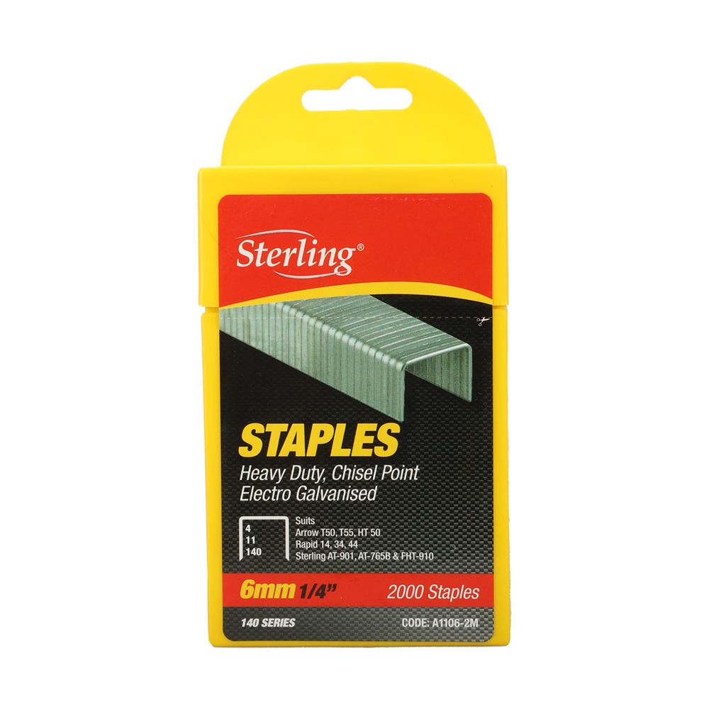Sterling staples box for 6mm (1/4") heavy-duty electrogalvanised staples, 2000 staples inside, yellow packaging.