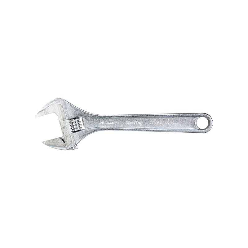 Metal adjustable wrench (crescent wrench) with sliding jaw for turning nuts and bolts on a white background, side view.