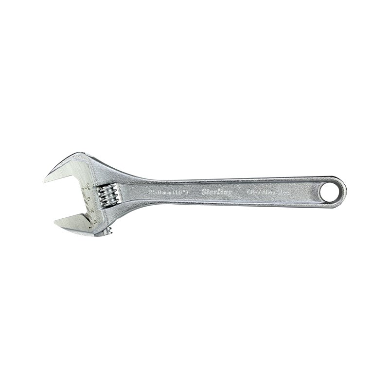 Adjustable wrench (crescent wrench) with a movable jaw and scale, made of metal.