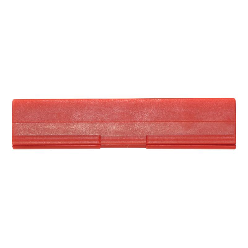 Flat red plastic rectangular tool with two small lip extensions along the bottom edge on a white background.