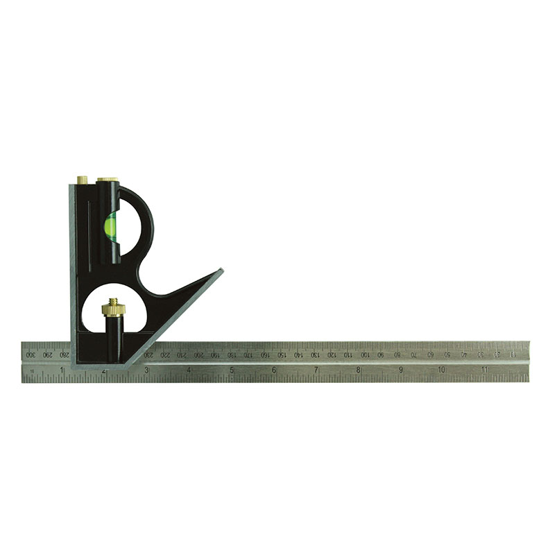 Combination square tool with a ruler, bubble level, and adjustable head for precise woodworking measurements and right angles.