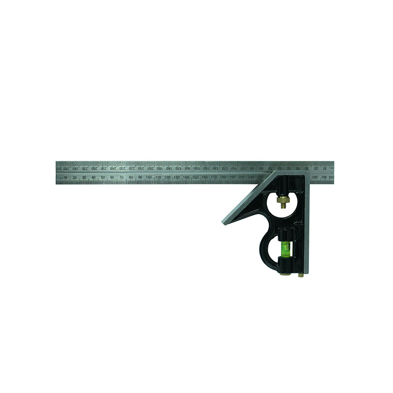 Combination square with a long metal ruler and a right-angle head including a bubble level, used for marking and measuring angles and depths in carpentry.