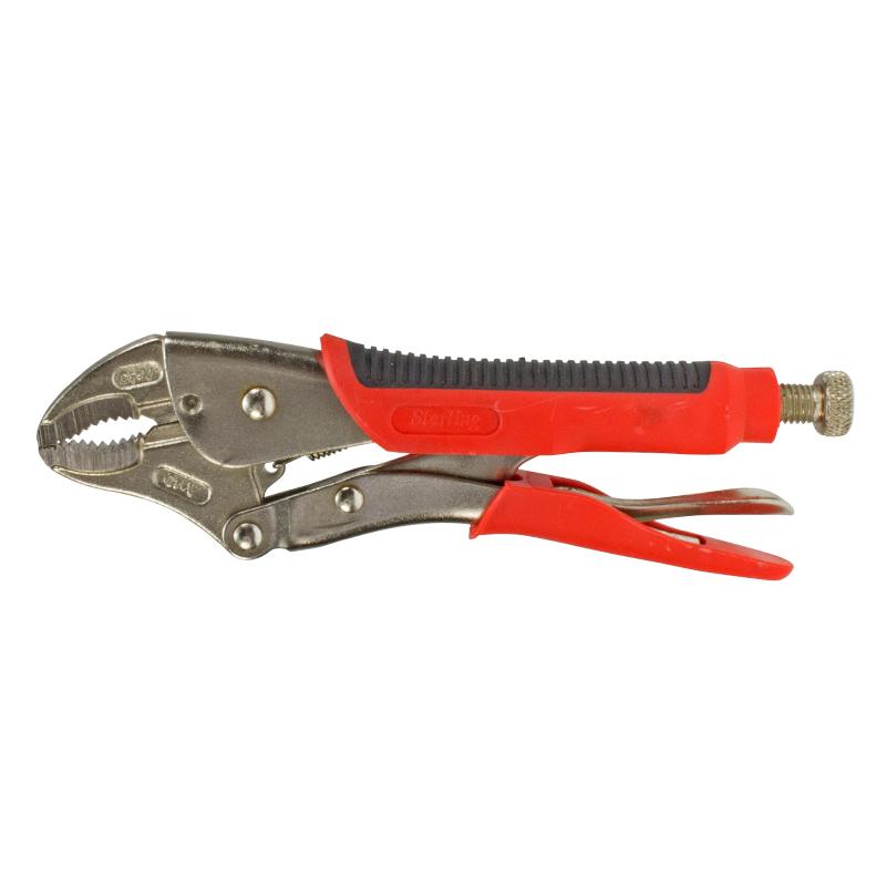 Locking pliers (vise-grip) with red and black handle and adjustment screw for tightening grip.