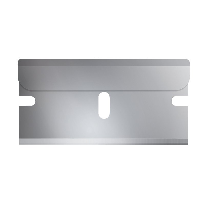 Double-edged metal razor blade with a central oval opening and side notches