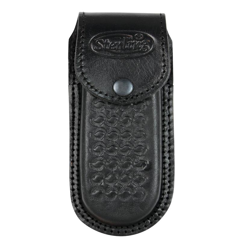 Black leather pouch with a rounded flap and snap button, embossed logo, and a textured front panel for holding a small knife or tool