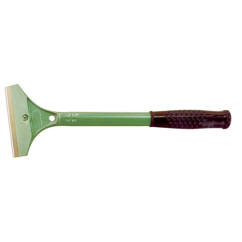 Green-handled window scraper with a metal blade for removing grime from glass, pictured side view.