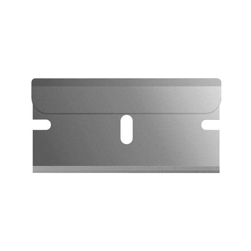 Front view of a metallic razor blade cartridge with a central oval hole and side notches.