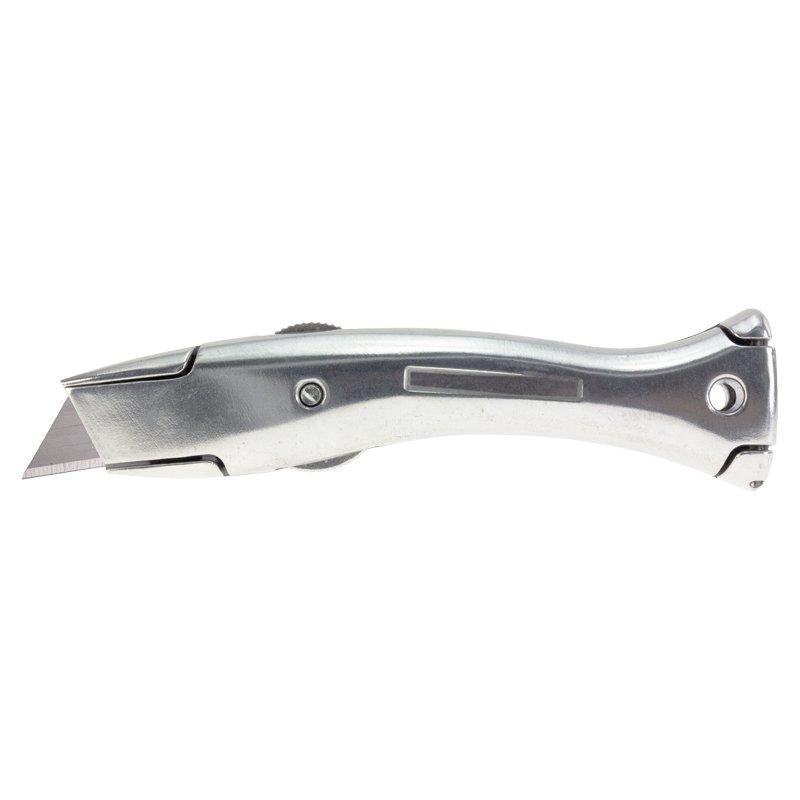 Utility knife with a metal handle and retractable blade extended on a white background, ready to cut.