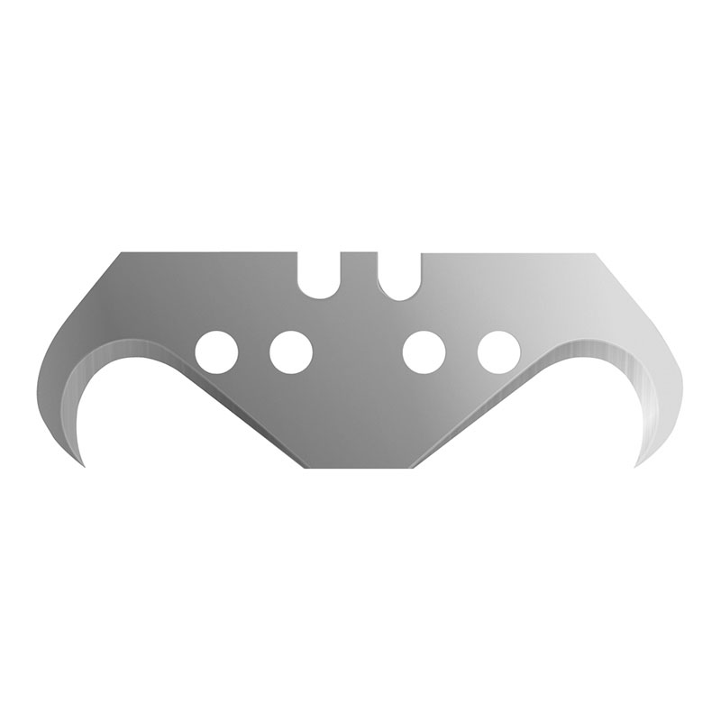 Silver metal blade-like component with curved ends and four circular holes, isolated on white background, symmetric design.