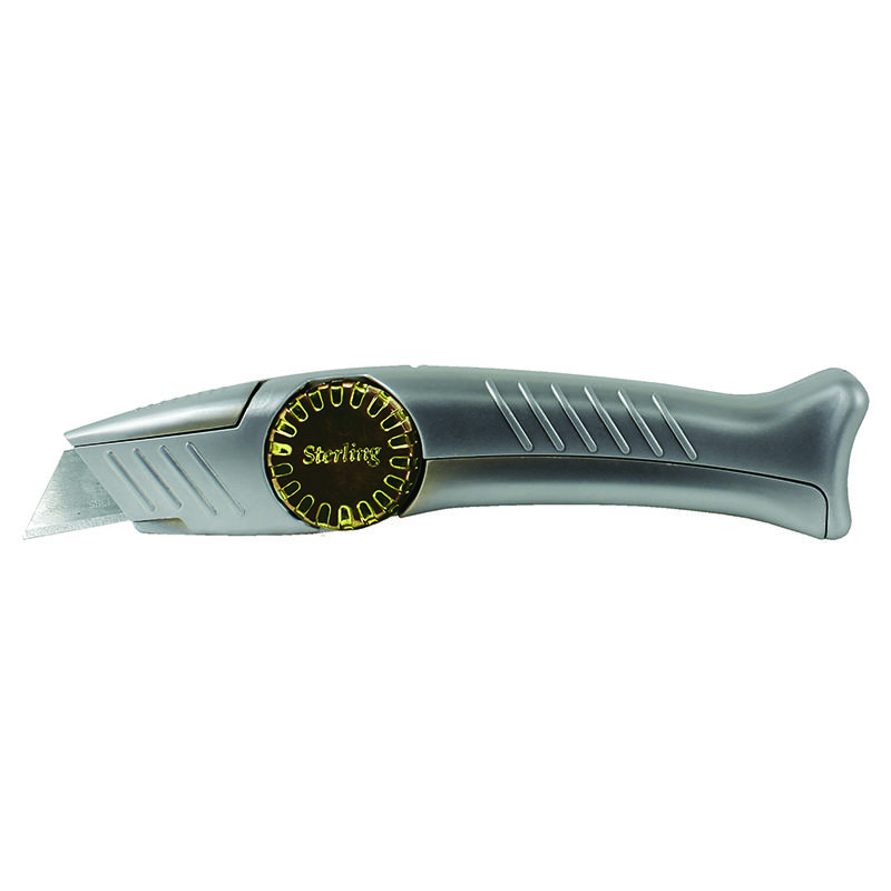 Silver ergonomic utility knife with a retractable blade extended from the front edge, featuring a round adjustable wheel on the handle.