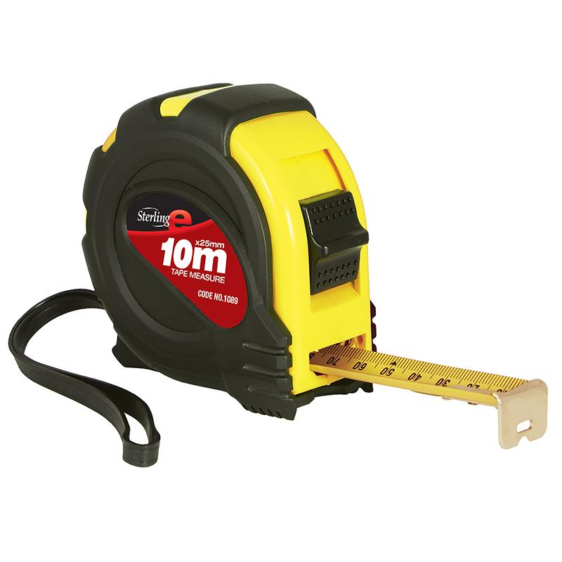 Retractable tape measure in yellow and black, blade extended to about 60 cm with metric markings visible. 10 m tape measure label shown on the housing.