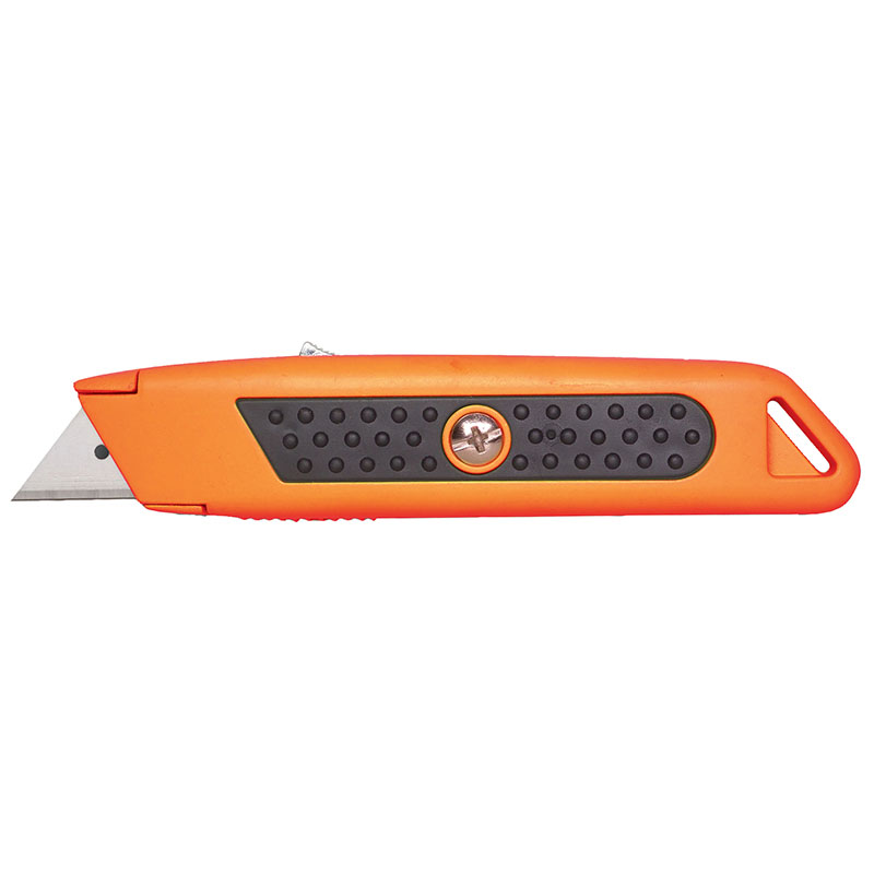 Orange utility knife with black textured grip and blade extended for cutting edge