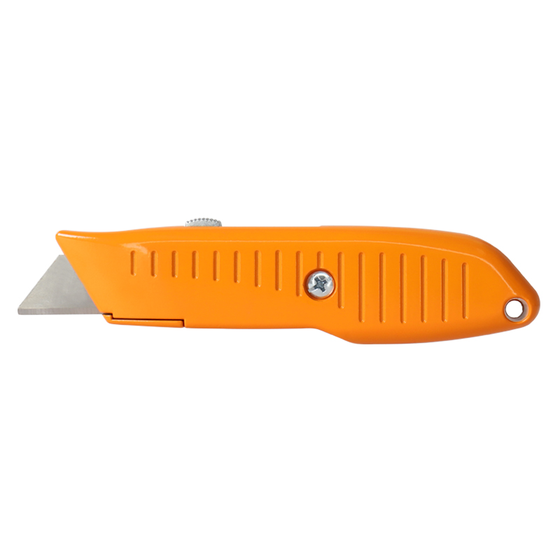 Orange utility knife with a retractable blade extended slightly, showing a serrated grip and metal blade.