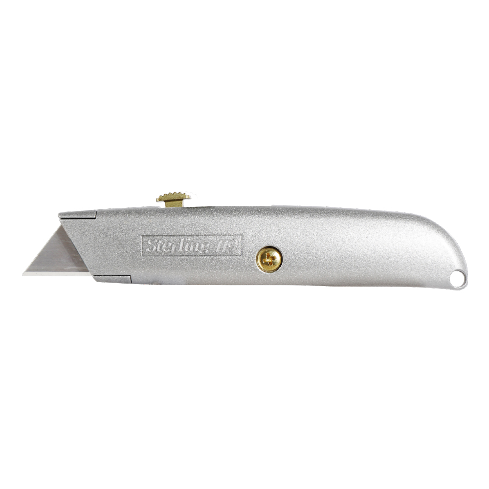 Silver handheld utility knife with the blade extended, shown in profile from the left side.