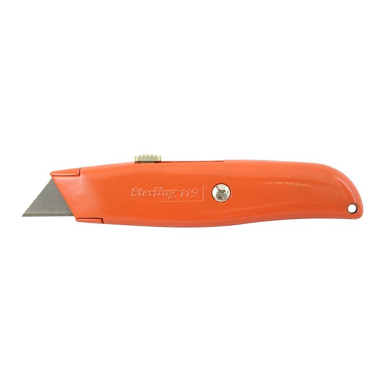 Orange box cutter with a retractable metal blade extended from the front and a top slider for retraction.