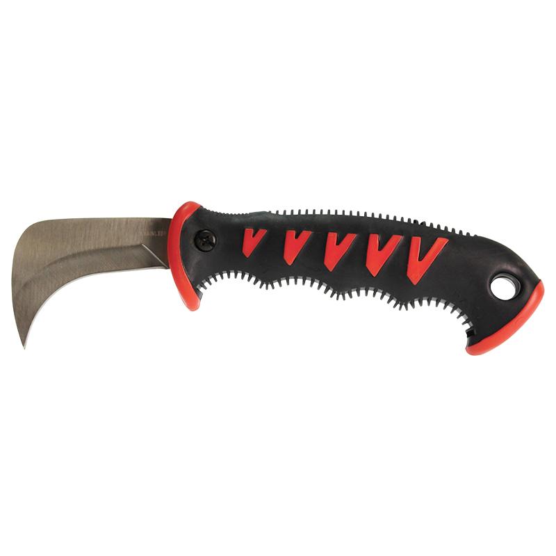 Curved blade tool with serrated edge and black/red ergonomic handle.