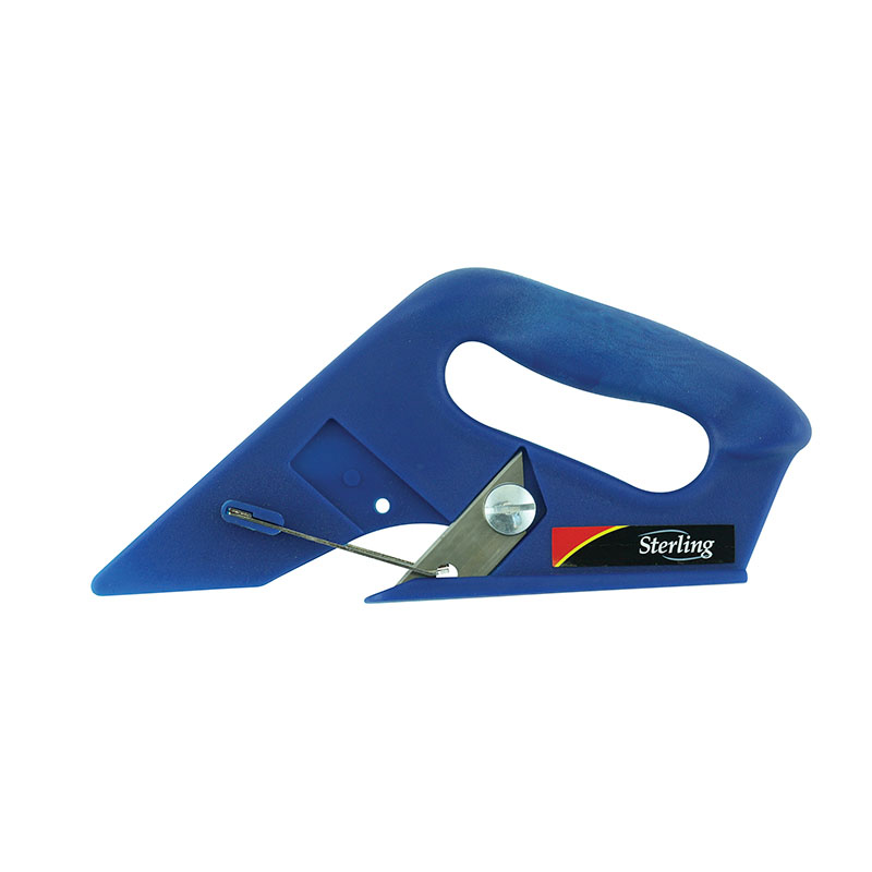 Blue handheld stapler with Sterling brand label on a white background