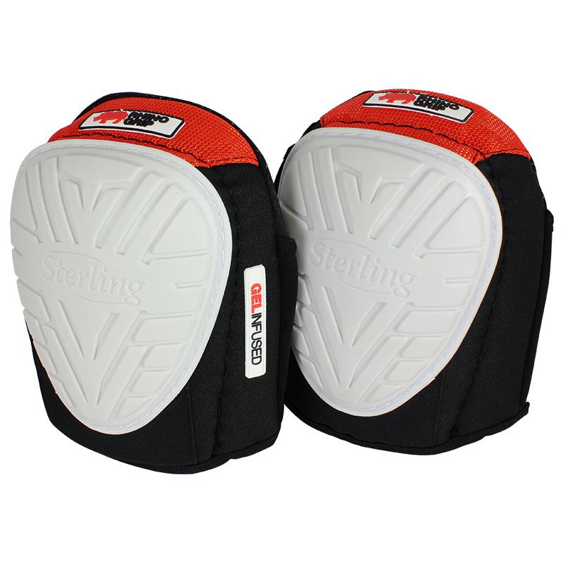 Pair of gel-infused knee pads with white protective shells and red fabric tops on black fabric, for sports protection.