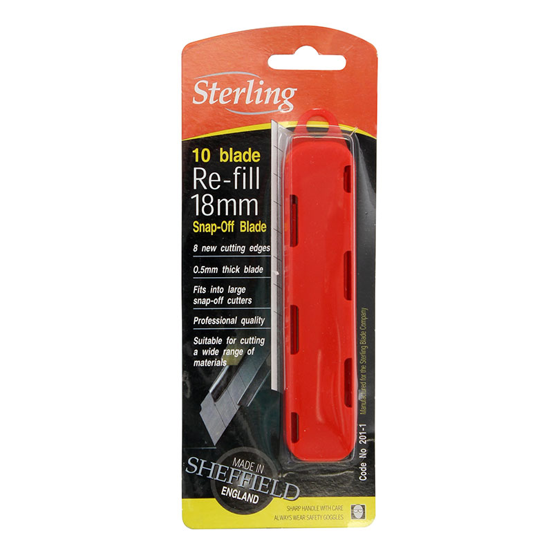 Sterling 18mm snap-off blade refill pack (red case) for a utility knife, with 10 blades in packaging