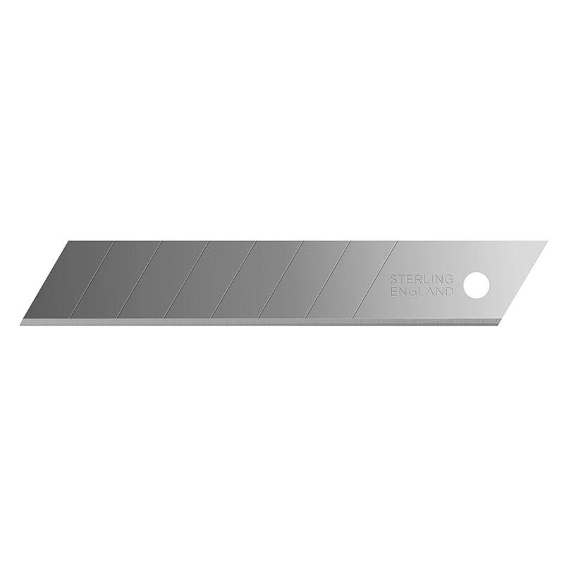 Close-up of a silver cutting blade with diagonal grooves and a circular hole, stamped 'STERLING ENGLAND'.