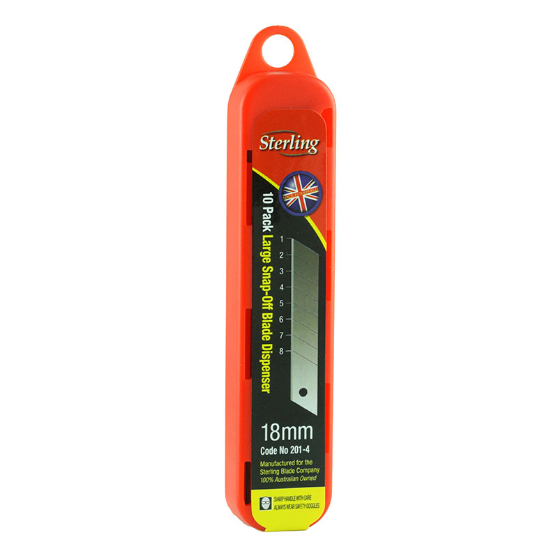 Red plastic 18mm blade dispenser with a hanging loop at the top, brand Sterling, showing a safety blade strip image and ruler marks on black label.