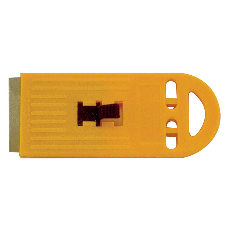 Yellow plastic safety cutter with a metal blade exposed on the left and a rounded finger grip on the right.