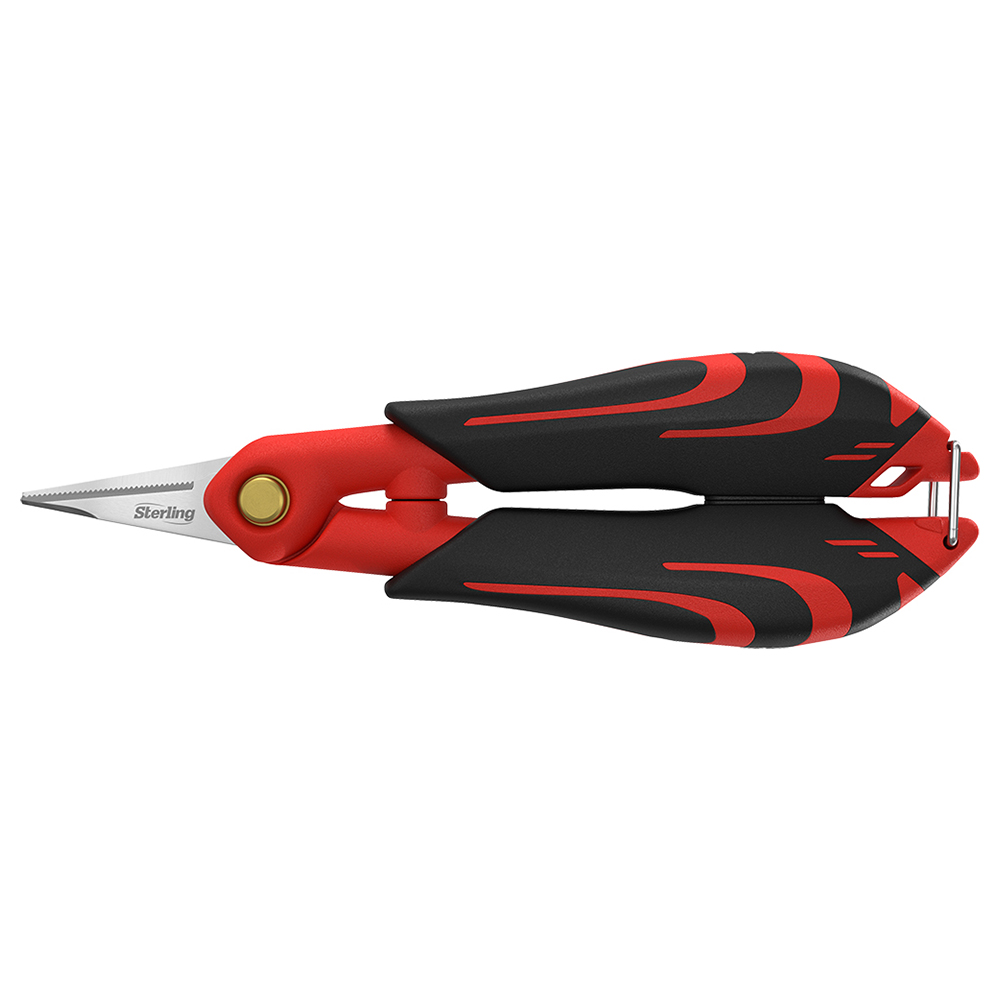 Red and black ergonomic utility shears with a serrated blade and spring-loaded hinge, brand Sterling visible on blade.