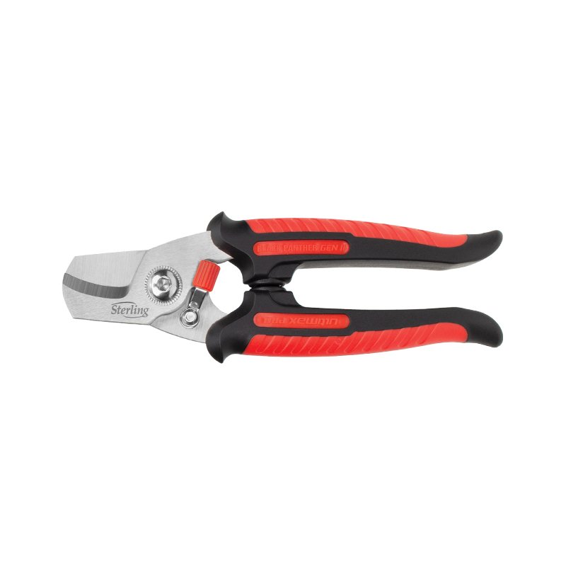 Red-and-black garden hand pruner with a curved steel blade for trimming plants and small branches, Sterling brand.