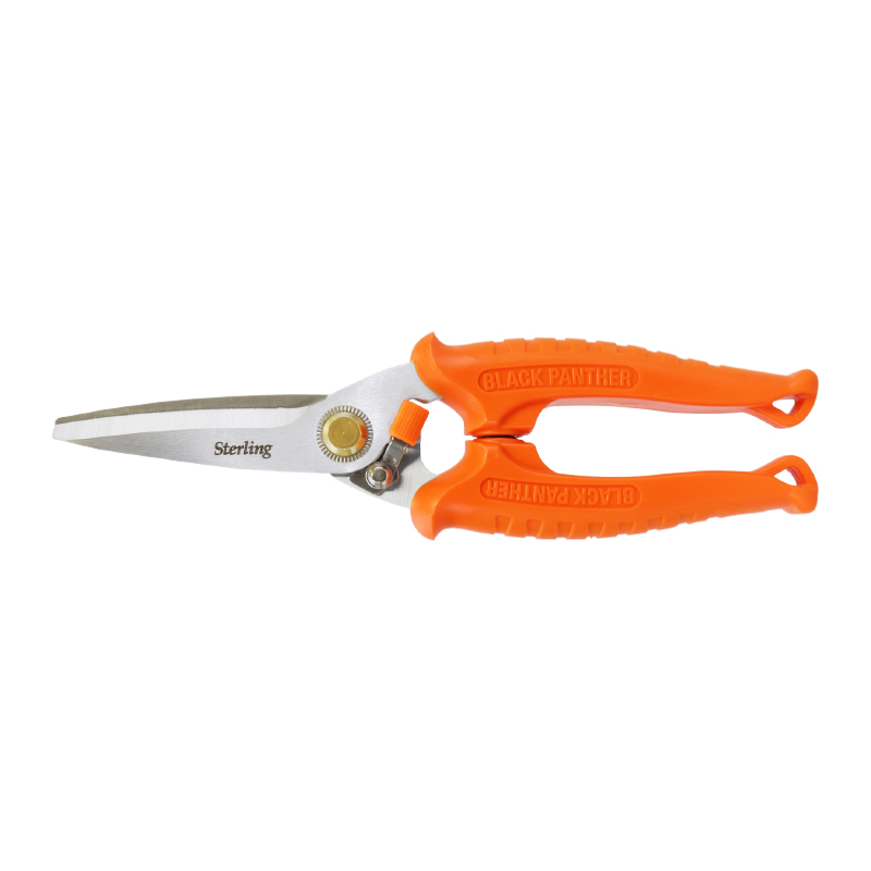 Orange-handled pruning shears with silver blades for cutting stems and small branches, laid horizontally on a white background for garden use.