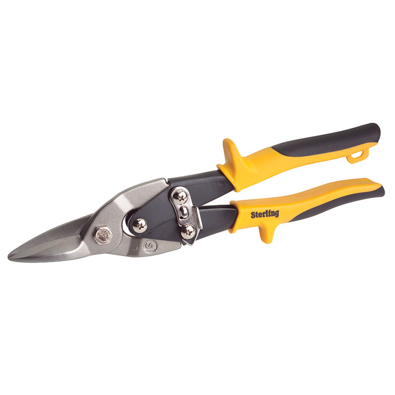 Sterling tin snips with yellow and black handles and long cutting blades for metalwork