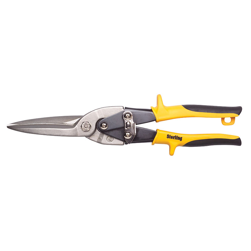 Long-handled aviation tin snips with yellow and black grips for cutting sheet metal (Sterling brand).