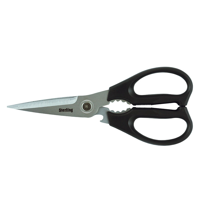 Sterling brand stainless steel scissors with black ergonomic handles on a white background.
